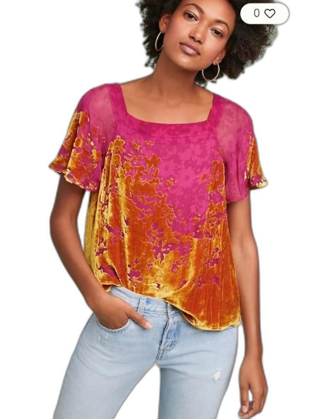 Maeve by Anthropologie Velvet Burnout Square-Neck top in Magenta and Gold ombré